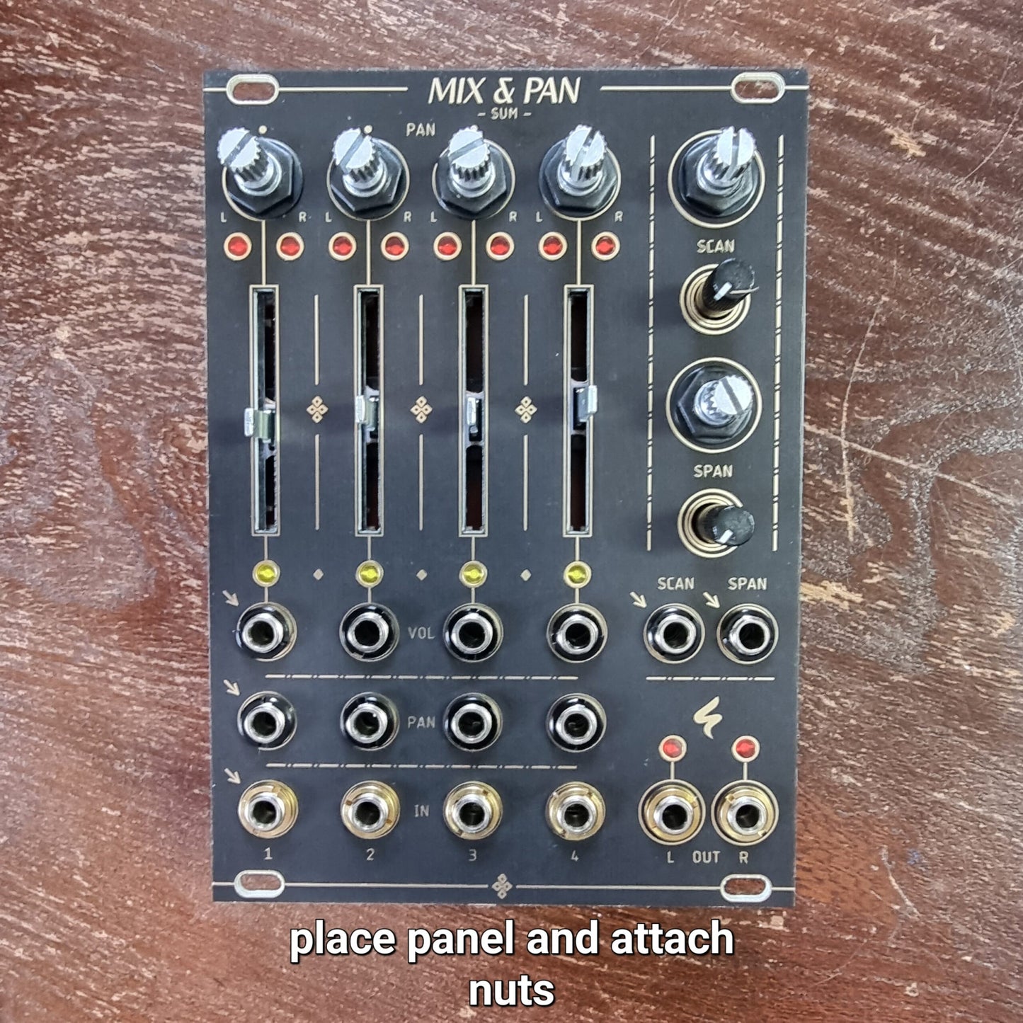 MIX & PAN / 4-channel mixer with vca, cv pan, and cv scan. / 18 HP