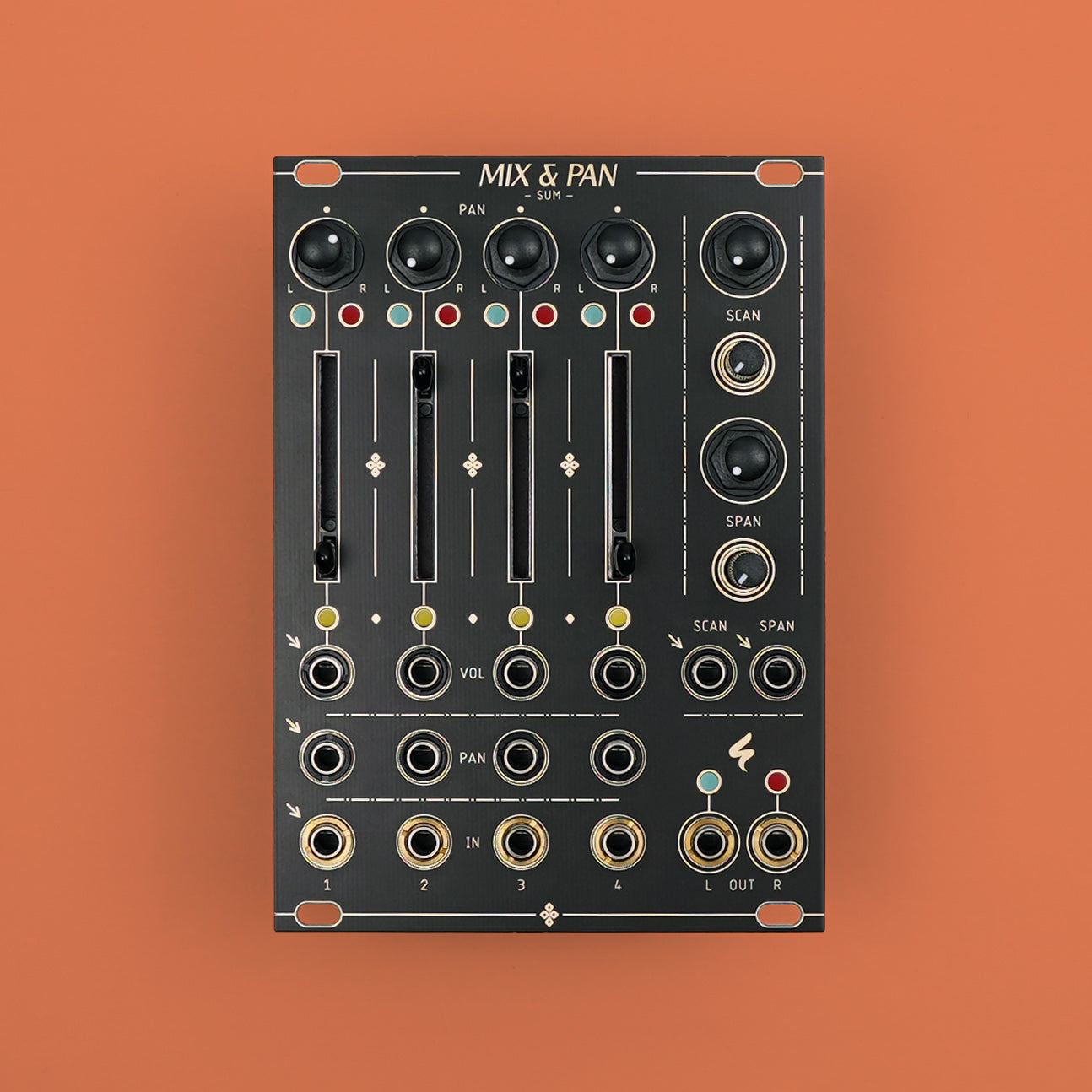 MIX & PAN / 4-channel mixer with vca, cv pan, and cv scan. / 18 HP