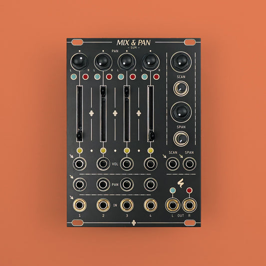 MIX & PAN / 4-channel mixer with vca, cv pan, and cv scan. / 18 HP